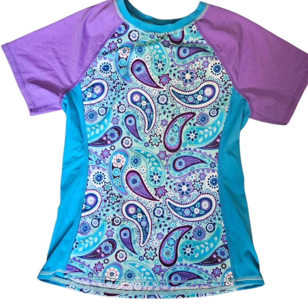 Lands End Kids Girls Rash Guard Size 14 Purple Teal Paisley Floral UPF Sun Shirt